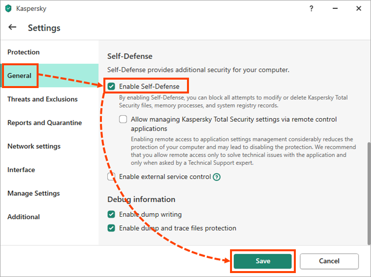 Checking whether the “Enable Self-Defense” check box is selected in the “Settings” window