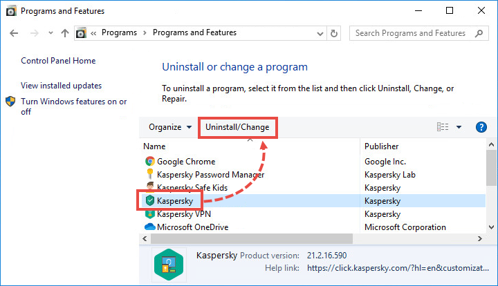 The Uninstall/Change button in the Programs and Features window.