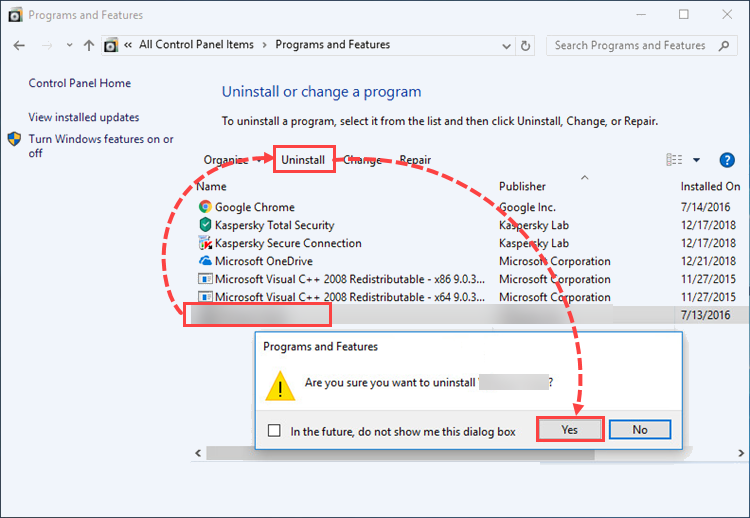Removing an application via Windows Control Panel