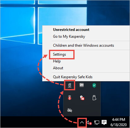 Opening the Kaspersky Safe Kids for Windows settings.