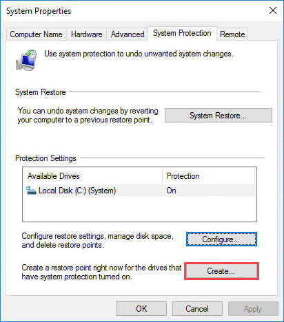 The System protection window with the restore point description in Windows 10