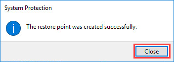 Notification on successful restore point creation in Windows 10