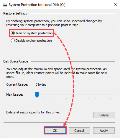 Turning on the System protection option in Windows 10