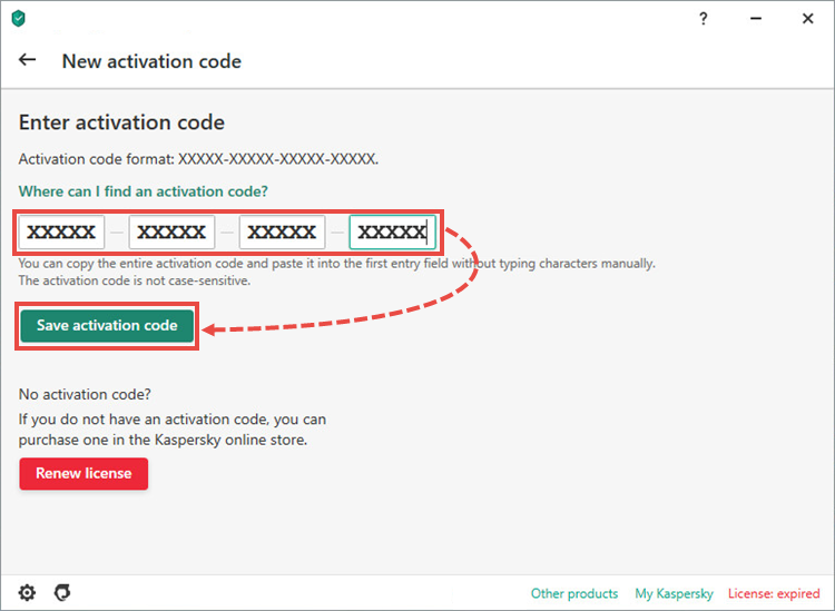 Entering the activation code for renewing the license in a Kaspersky application 