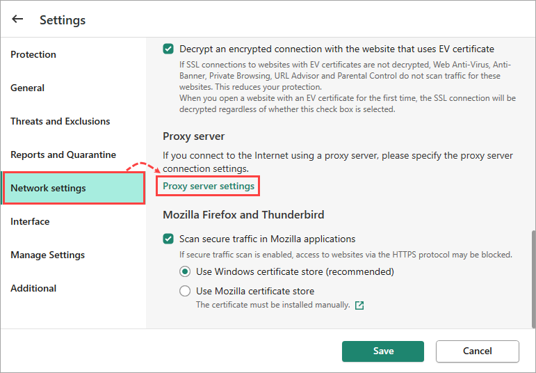 Opening the proxy server settings in a Kaspersky application