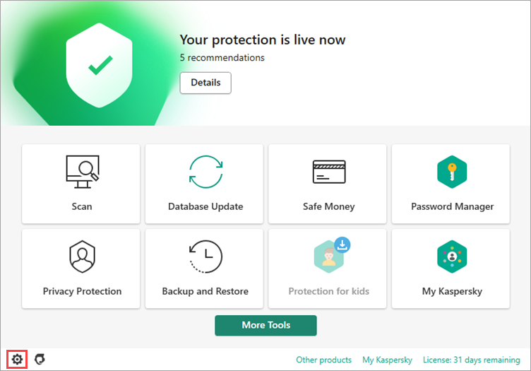 Kaspersky application window with the settings icon highlighted.