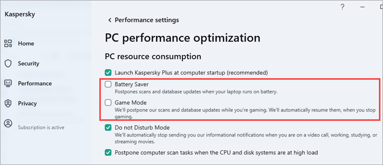 Configuring the PC performance optimization in a Kaspersky application.