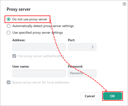 Proxy server settings window in a Kaspersky application.