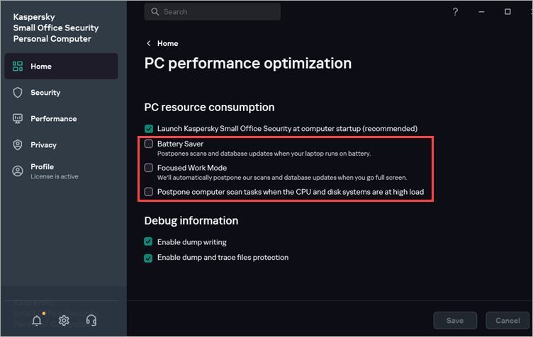 Configuring the PC performance optimization in a Kaspersky application.