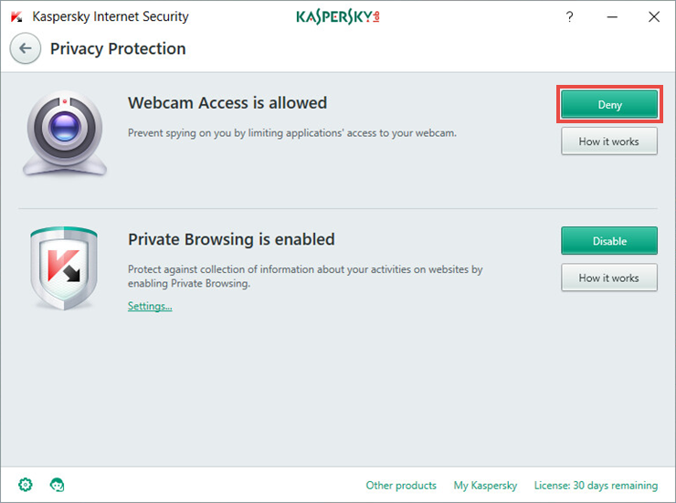Image: Privacy Protection component of Kaspersky Internet Security 2018