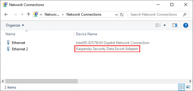 Kaspersky Security Data Escort Adapter displayed in Network Connections