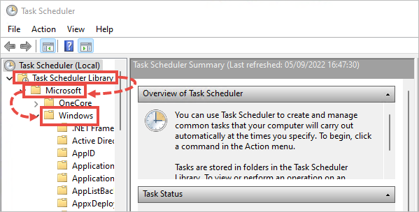 Path to the Windows folder in Task Scheduler of Windows 11