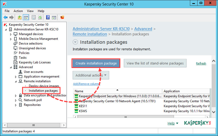 Creating an installation package in Kaspersky Security Center.