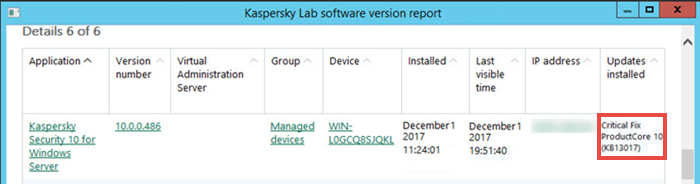 The report about application versions in Kaspersky Security Center.