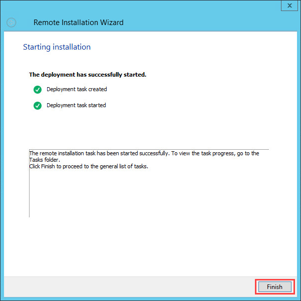 Completing the creation of a remote patch installation task in Kaspersky Security Center.