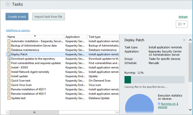 The patch installation process in Kaspersky Security Center.