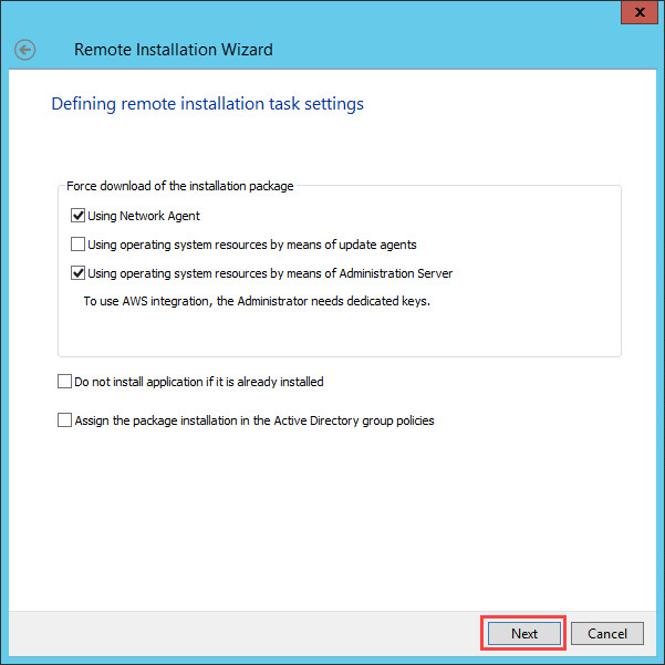 Defining the settings for remote patch installation task in Kaspersky Security Center.