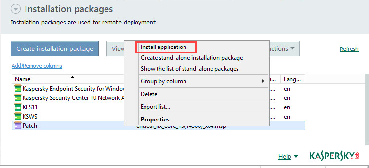 Proceeding to patch installation in Kaspersky Security Center.