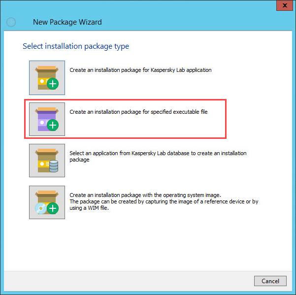 Selecting the installation package type in Kaspersky Security Center.