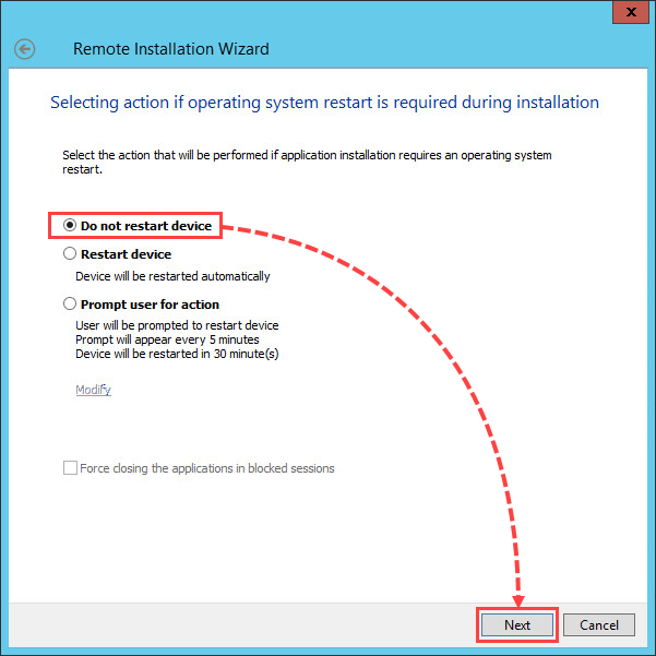 Selecting the system restart option when installing Kaspersky Security for Windows Server.