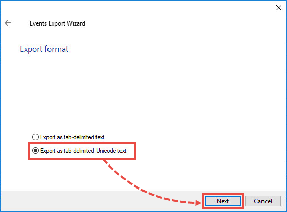 Export format view in the events export wizard in Kaspersky Security Center.