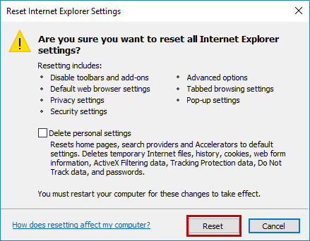 Confirming browser settings reset.