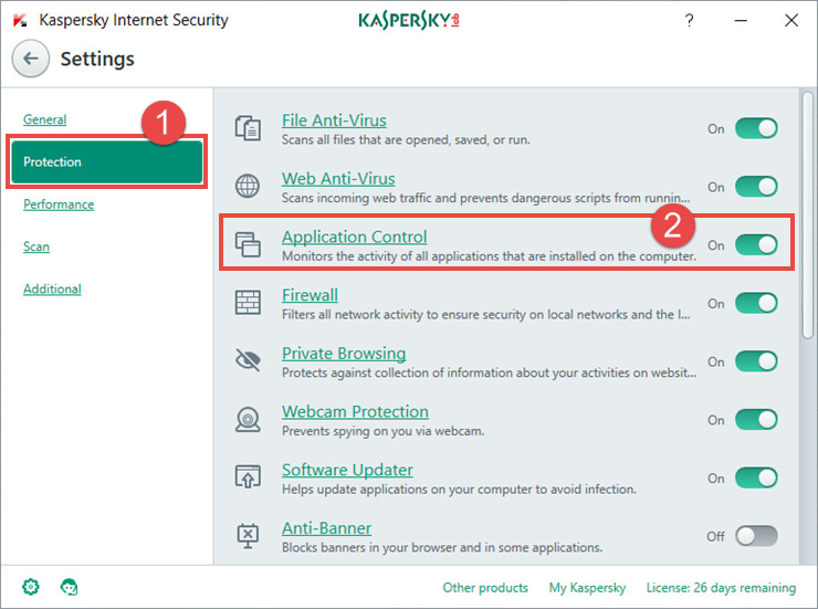 Image: the Settings window of Kaspersky Internet Security 2018