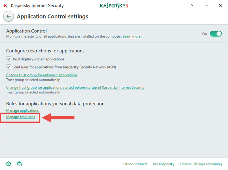 Image: the Application Control window in Kaspersky Internet Security 2018