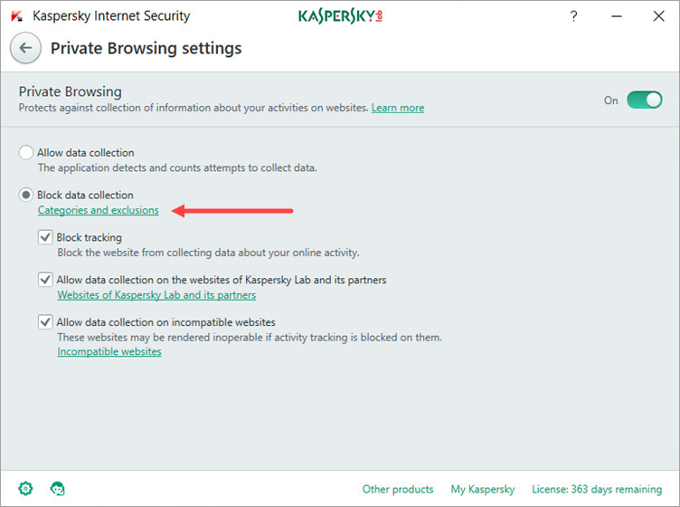 Image: the Private Browsing settings window of Kaspersky Internet Security