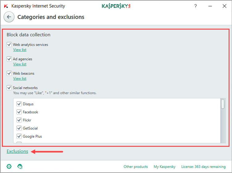 Image: the Categories and exclusions window of Kaspersky Internet Security