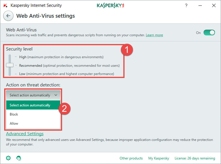 Image:  Web Anti-Virus settings in Kaspersky Internet Security 2018