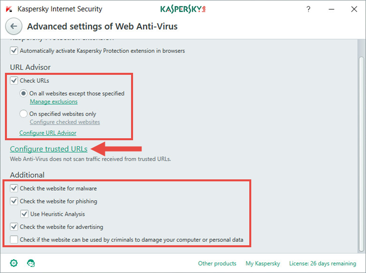 Image: Advanced settings of Web Anti-Virus window in Kaspersky Internet Security 2018