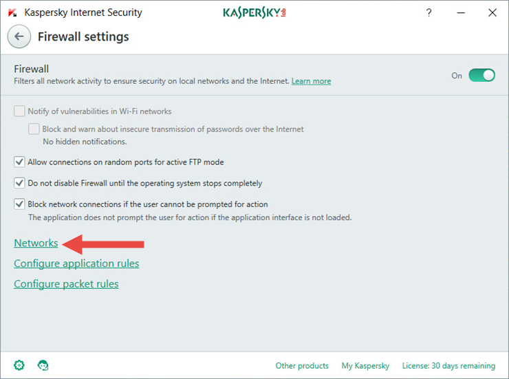 Image: Firewall settings in Kaspersky Internet Security 2018