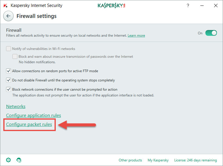 Image: Firewall settings in Kaspersky Internet Security 2018