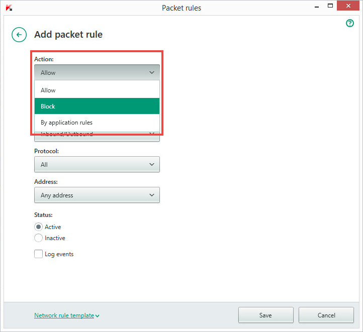 Image: Select the action for the packet rule in Kaspersky Internet Security 2018