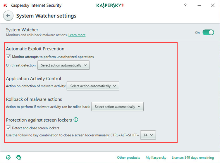 Image: the System Watcher settings window in Kaspersky Internet Security