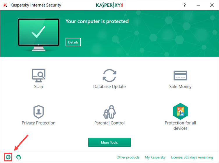 Image: Kaspersky Internet Security main window Image: Settings button in Kaspersky Internet Security window