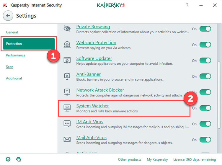 Image: Settings window Image: Settings icon in Kaspersky Internet Security window