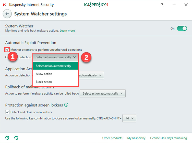 Image: the System Watcher window in Kaspersky Internet Security 2018
