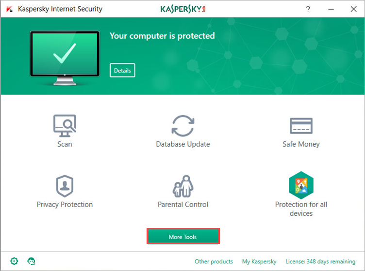 Image: the main window of Kaspersky Internet Security 2018 