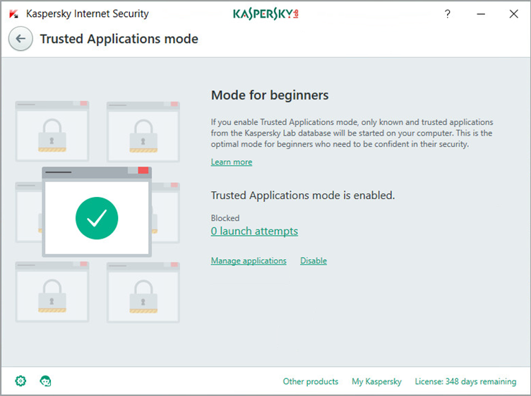 Image: the Trusted Applications mode window in Kaspersky Internet Security
