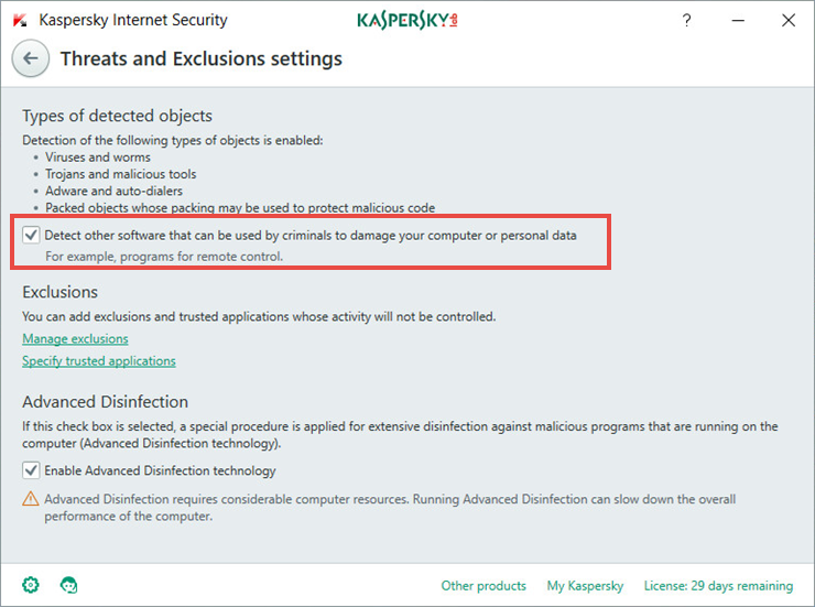 Image: Threats and Exclusions window in Kaspersky Internet Security 2018