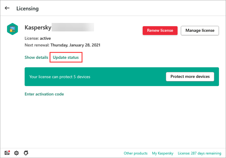 Updating the license status in a Kaspersky application.
