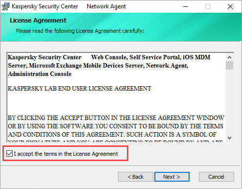 Accepting the License Agreement during the Network Agent installation.
