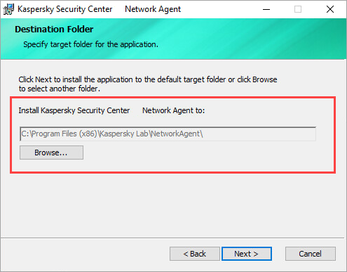 Selecting a folder for the Network Agent installation.