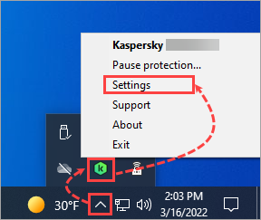 Opening the settings for a Kaspersky application via the icon’s shortcut menu on the taskbar