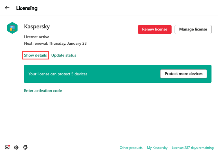 Opening the Subscription details window in a Kaspersky application.