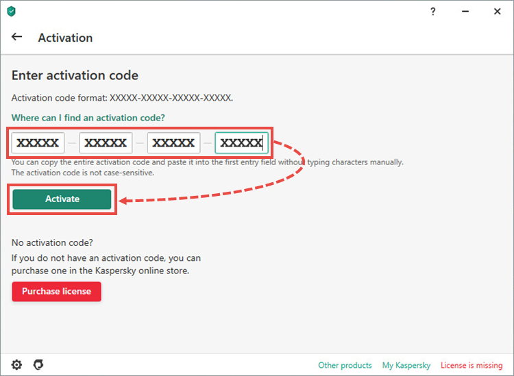 The Activation window in a Kaspersky application.