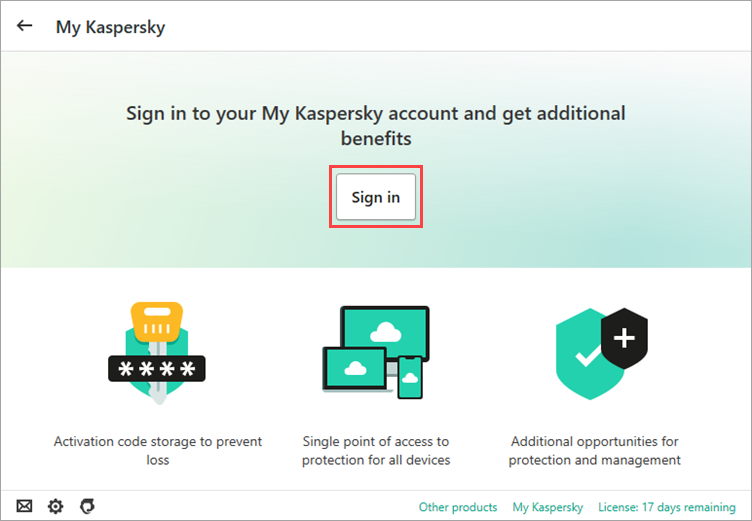 Image: connecting the application to My Kaspersky