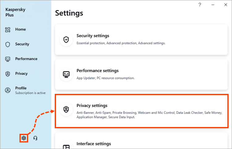 Privacy settings in Kaspersky Standard, Plus, Premium